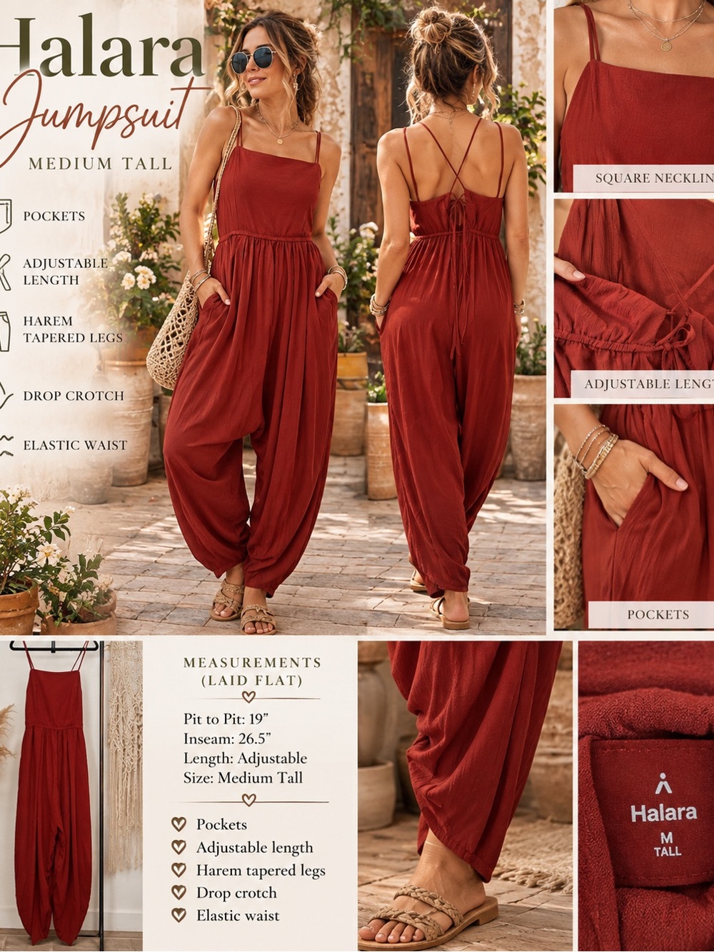 HALARA Rust Red Spaghetti-Strap Harem Jumpsuit, Medium Tall BOHO, Adjustable